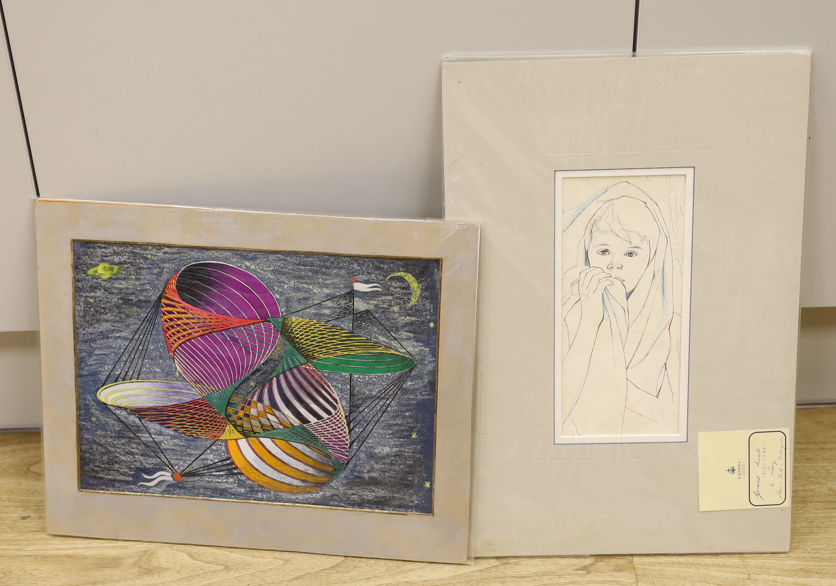 Gerald Leet (1913-1998), two mixed medias, 'A Boy' and Surreal composition, largest 22 x 31cm, mounted, unframed